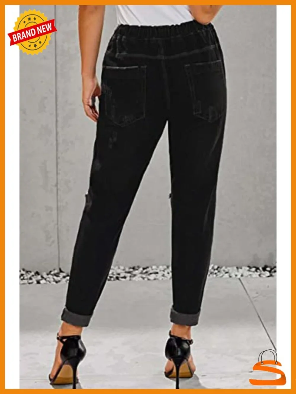 Women's Casual Pull-on Distressed Stretch Denim Joggers Elastic Waist Pants